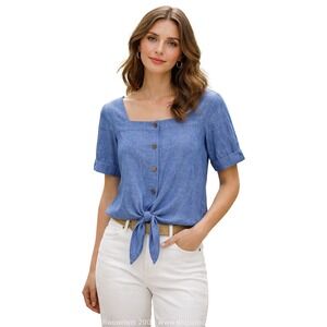 Talbots Petite Blue 100% Linen Tie Front Button Up Square Neck Blouse MP Top